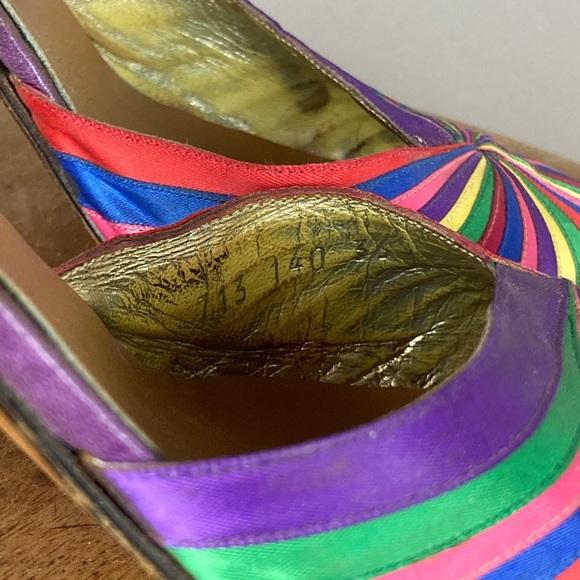 Italian Satin Rainbow Stripe Pumps with Ribbon Ties - Colorful Heels - Size 6 - Picture 9 of 10